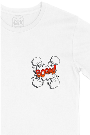 Boom Tasarımlı Cep Logo Tasarımlı Beyaz Tişört