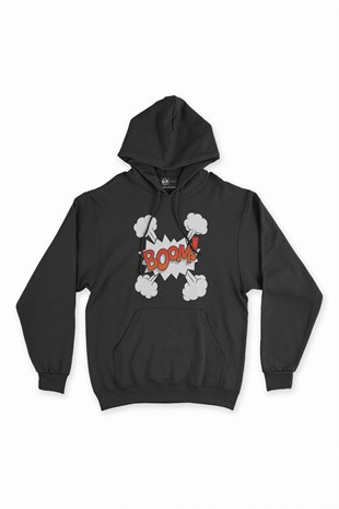 Boom Tasarımlı Siyah Kapşonlu Sweatshirt Hoodie
