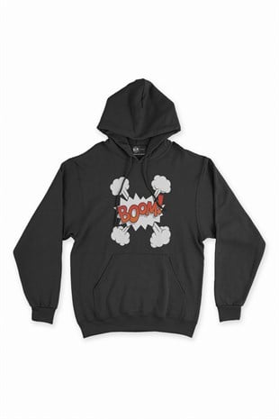 Boom Tasarımlı Siyah Kapşonlu Sweatshirt Hoodie