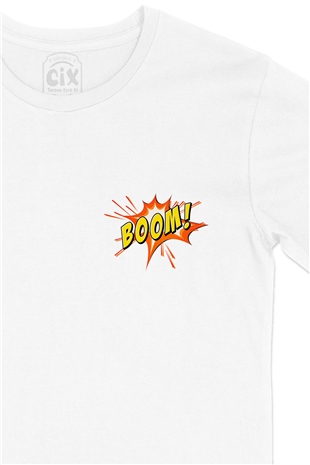Boom Yazılı Cep Logo Tasarımlı Beyaz Tişört