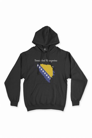 Bosna Hersek Haritalı ve Bayraklı Siyah Kapşonlu Sweatshirt Hoodie