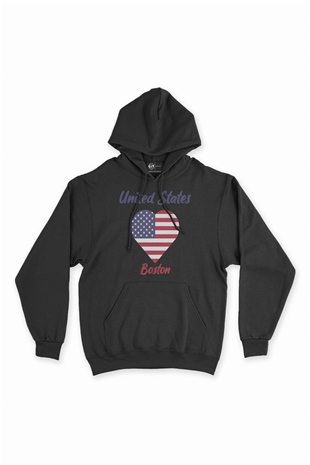Boston Amerika Bayraklı Kalpli Siyah Sweatshirt Hoodie