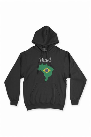 Breziya Haritalı ve Bayraklı Siyah Kapşonlu Sweatshirt Hoodie