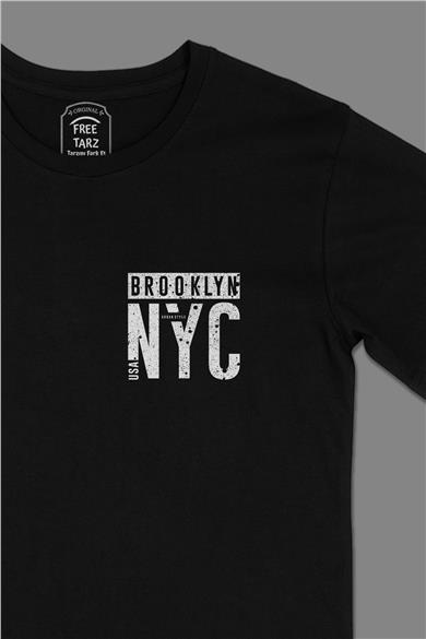 Brooklyn NYC Cep Tasarımlı Siyah Tişört
