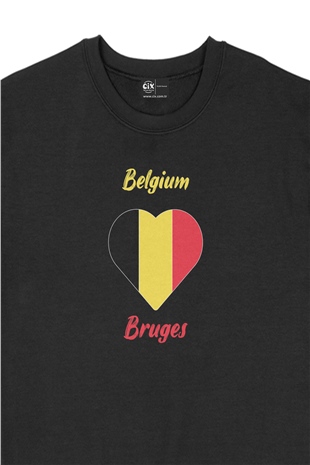 Bruge Belçika Bayraklı Kalpli Siyah Sweatshirt