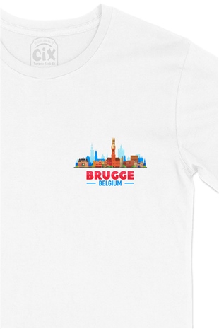 Brugge Belçika Manzaralı Cep Logo Tasarımlı Beyaz Tişört