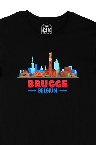 Brugge Belçika Manzaralı Siyah Tişört