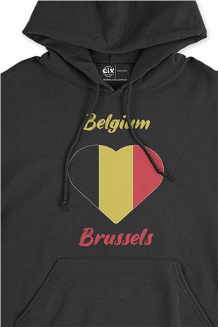 Brüksel Belçika Bayraklı Kalpli Siyah Sweatshirt Hoodie