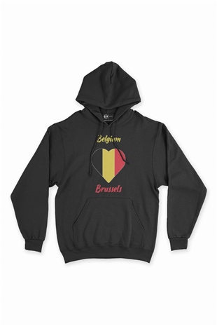 Brüksel Belçika Bayraklı Kalpli Siyah Sweatshirt Hoodie