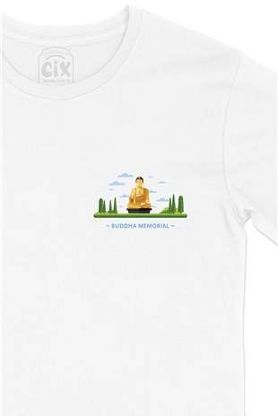 Buda Anıtı Cep Logo Tasarımlı Beyaz Tişört