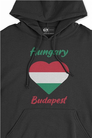 Budapeşte Macaristan Bayraklı Kalpli Siyah Sweatshirt Hoodie