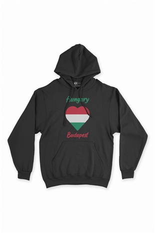 Budapeşte Macaristan Bayraklı Kalpli Siyah Sweatshirt Hoodie