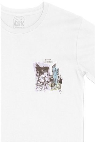 Budva Karadağ Old Town Cep Logo Tasarımlı Beyaz Tişört