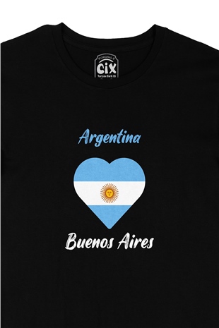 Buenos Aires Arjantin Bayraklı Kalpli Siyah Tişört