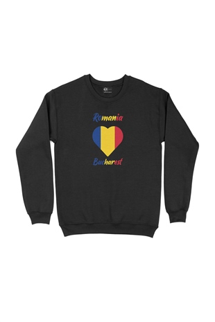 Bükreş Romanya Bayraklı Kalpli Siyah Sweatshirt