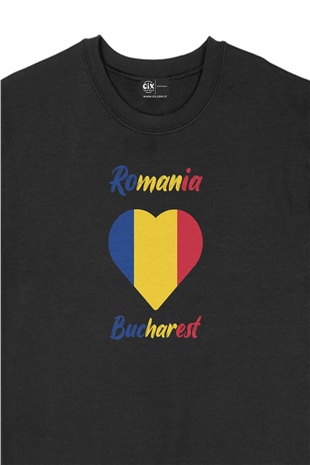Bükreş Romanya Bayraklı Kalpli Siyah Sweatshirt