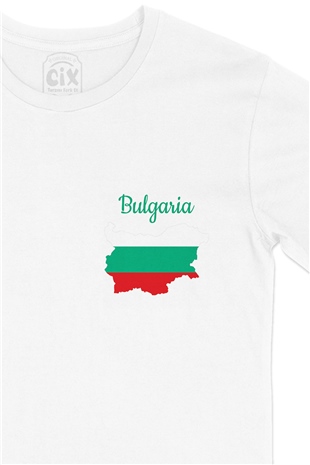 Bulgaristan Haritalı ve Bayraklı Cep Logo Tasarımlı Beyaz Tişört