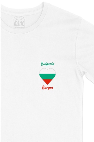 Burgaz Bulgaristan Bayraklı Kalpli Cep Logo Tasarımlı Beyaz Tişört