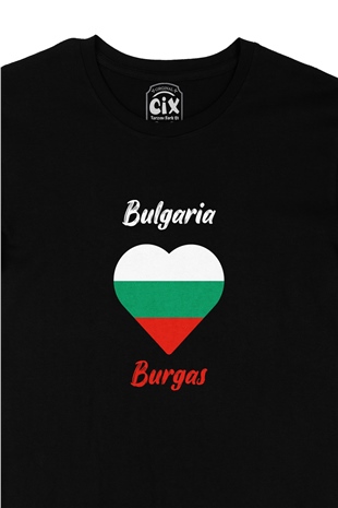 Burgaz Bulgaristan Bayraklı Kalpli Siyah Tişört