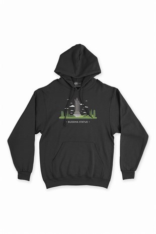 Büyük Buda Heykeli Siyah Kapşonlu Sweatshirt Hoodie