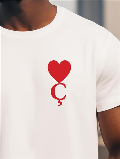 Ç Harf Baskılı Kalpli Beyaz Tişört