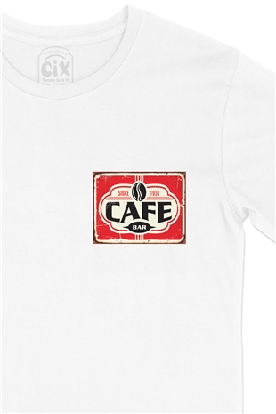 Cafe Bar Cep Logo Tasarımlı Beyaz Tişört