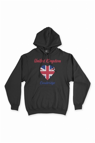 Cambridge İngiltere Bayraklı Kalpli Siyah Sweatshirt Hoodie