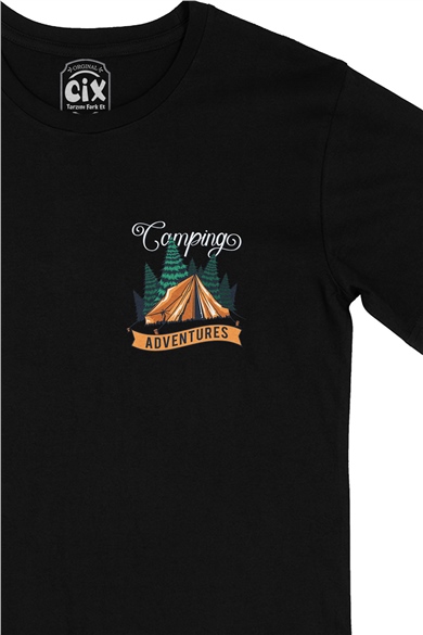Camping Adventures Cep Logo Tasarımlı Siyah Tişört
