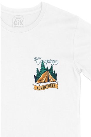 Camping Adventures Cep Logo Tasarımlı Beyaz Tişört
