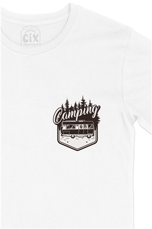 Camping Caravan Cep Logo Tasarımlı Beyaz Tişört