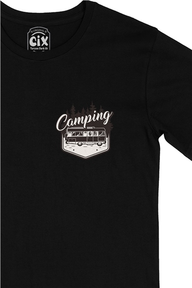 Camping Caravan Cep Logo Tasarımlı Siyah Tişört