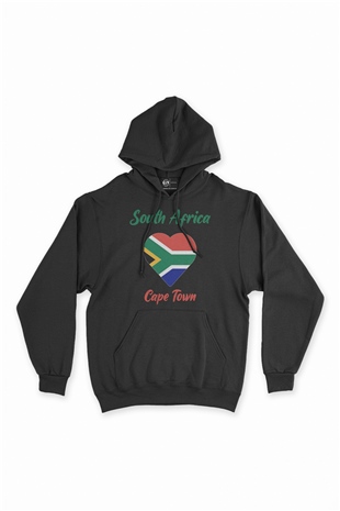 Cape Town Güney Afrika Bayraklı Kalpli Siyah Sweatshirt Hoodie