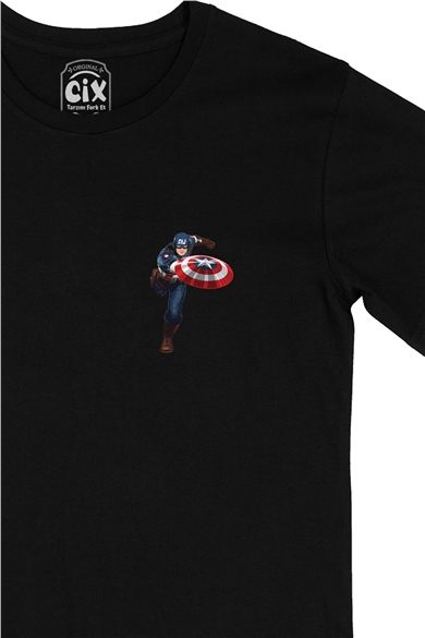 Captan America Cep Logo Tasarımlı Siyah Tişört