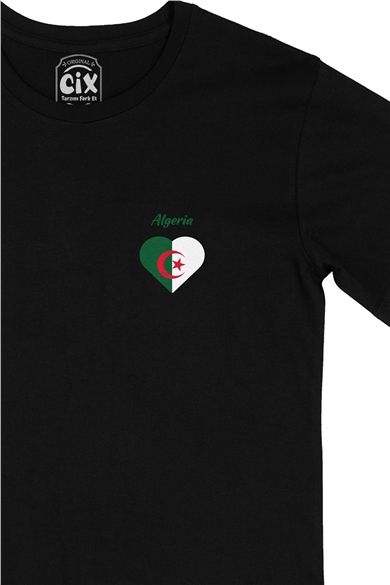 Cezayir Bayraklı Kalpli Cep Logo Tasarımlı Siyah Tişört