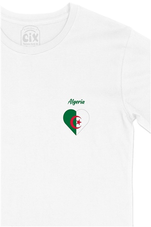 Cezayir Bayraklı Kalpli Cep Logo Tasarımlı Beyaz Tişört
