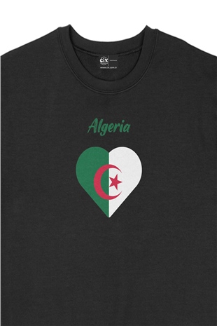 Cezayir Bayraklı Kalpli Siyah Sweatshirt