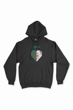 Cezayir Bayraklı Kalpli Siyah Sweatshirt Hoodie