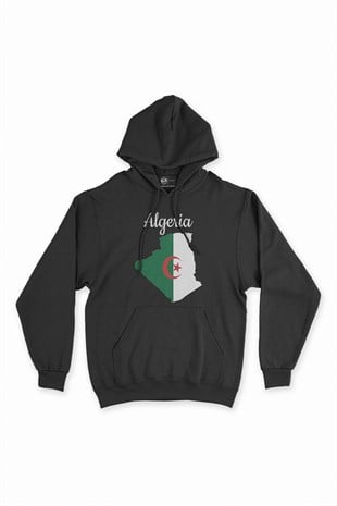 Cezayir Haritalı ve Bayraklı Siyah Kapşonlu Sweatshirt Hoodie