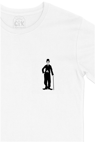 Charlie Chaplin Bastonlu Cep Logo Tasarımlı Beyaz Tişört