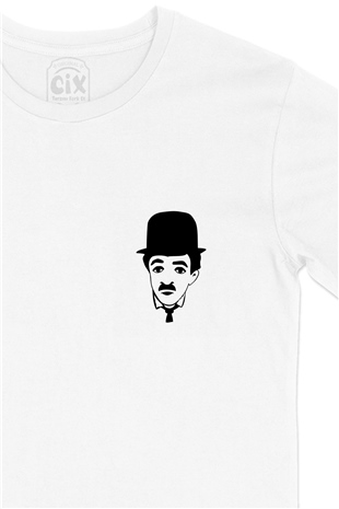 Charlie Chaplin Face Cep Logo Tasarımlı Beyaz Tişört