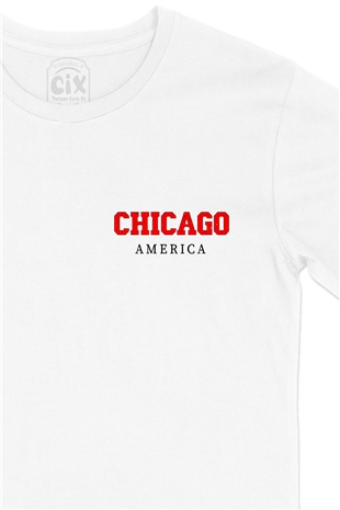 Chicago America Cep Logo Tasarımlı Beyaz Tişört