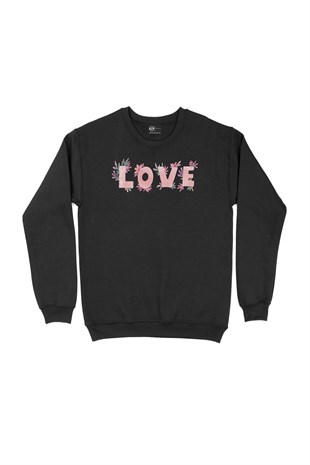 Çiçekli Love Yazılı Siyah Sweatshirt