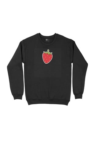 Çilekli Tasarım Siyah Sweatshirt