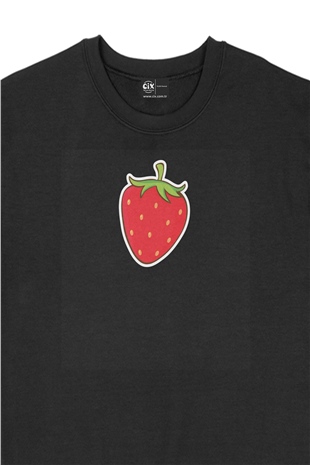 Çilekli Tasarım Siyah Sweatshirt