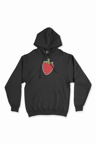 Çilekli Tasarım Siyah Sweatshirt Hoodie