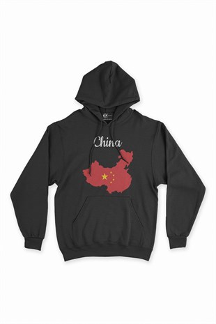 Çin Haritalı ve Bayraklı Siyah Kapşonlu Sweatshirt Hoodie