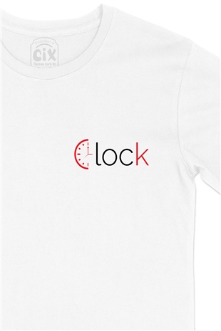 Clock Saat Tasarım Cep Logo Tasarımlı Beyaz Tişört