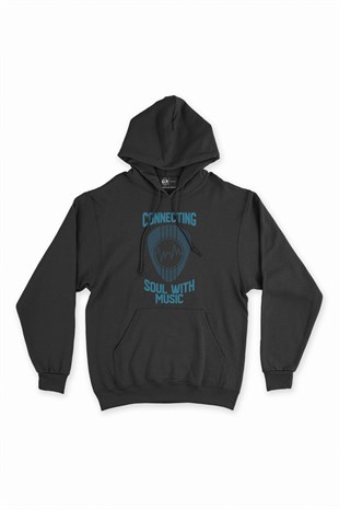 Connecting Soul With Music Siyah Kapşonlu Sweatshirt Hoodie