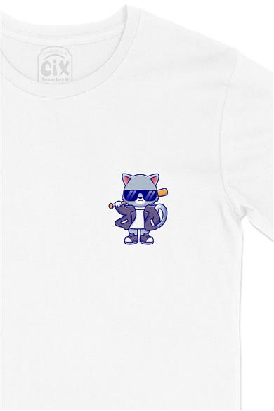 Cool Gözlüklü Kedi Cep Tasarım Baskılı Beyaz Tişört