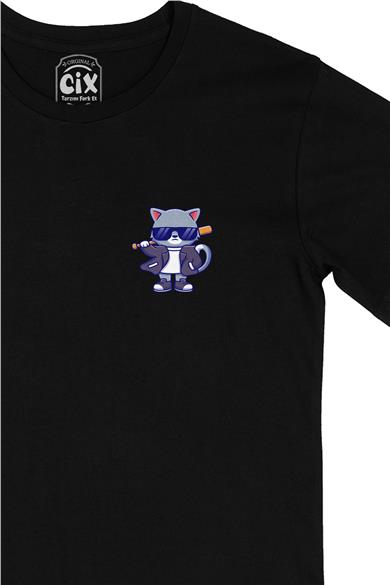 Cool Gözlüklü Kedi Cep Tasarım Baskılı Siyah Tişört